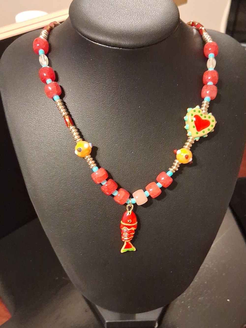 Mayamar Red Folk Art Fish Necklace New